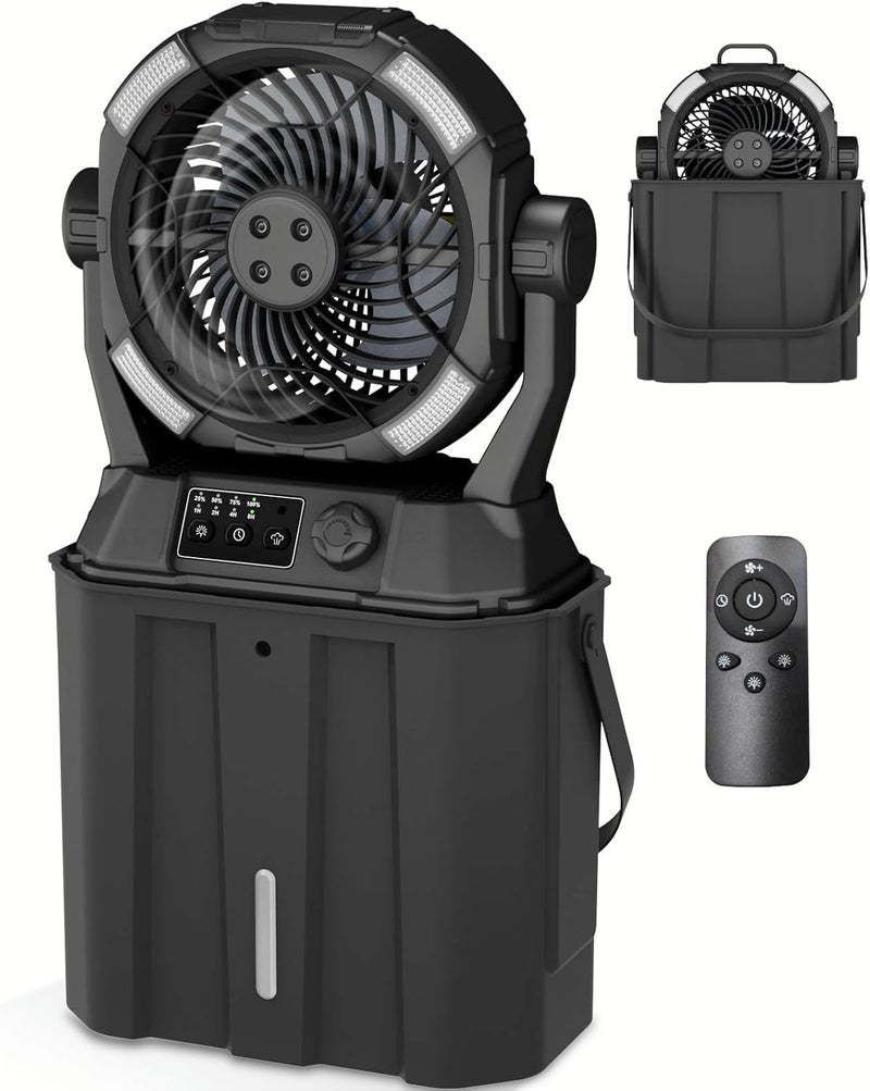 Wilody Portable Misting Fan 42800mAH Rechargeable with Remote Control, 6L Bucket Camping Fan with LED Lights & Stepless Speed Control & Cooling Mist, Portable Handle & Rotate Hook, Timer Function - Image 1